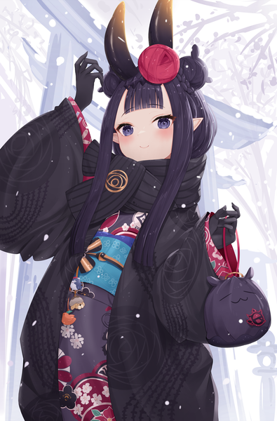 Anime picture 4014x6101 with virtual youtuber hololive hololive english ninomae ina'nis takodachi (ninomae ina'nis) ninomae ina'nis (4th costume) roina single long hair tall image looking at viewer blush fringe highres smile standing purple eyes holding absurdres purple hair