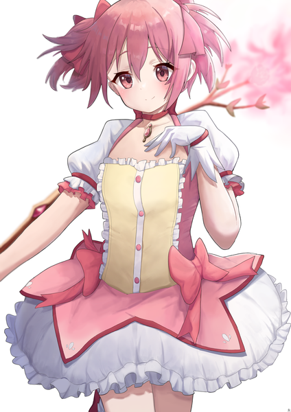 Anime picture 2145x3035 with mahou shoujo madoka magica shaft (studio) kaname madoka aftamc single tall image fringe highres short hair simple background smile hair between eyes white background twintails looking away pink hair pink eyes short twintails magical girl girl