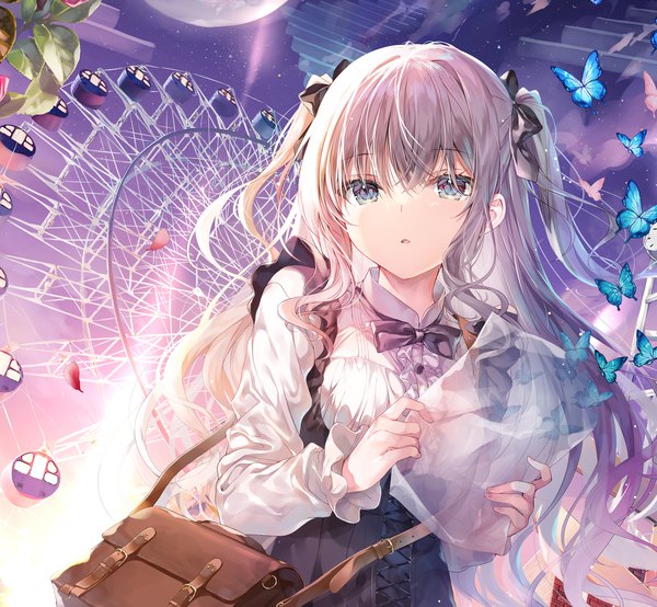 Anime picture 1955x1804 with original miwabe sakura single long hair fringe highres open mouth blue eyes hair between eyes holding looking away upper body outdoors grey hair night two side up night sky transparent girl bow