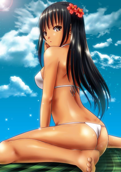 Anime picture 601x850 with original ano hito single long hair tall image looking at viewer fringe light erotic black hair sitting brown eyes sky cloud (clouds) ass outdoors looking back barefoot hair flower dark skin wariza