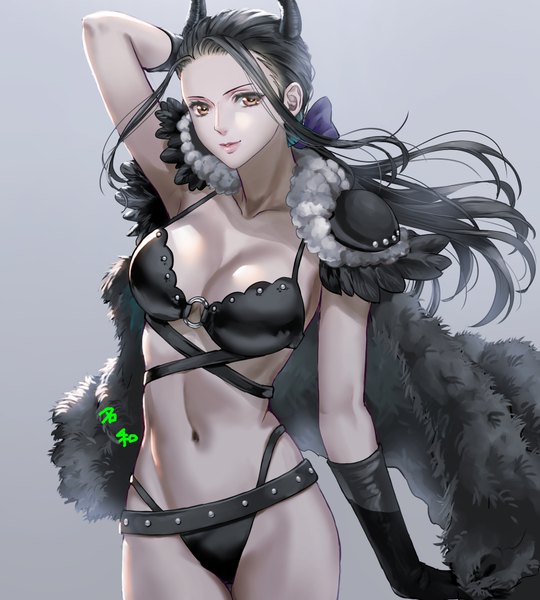 Anime-Bild 900x1000 mit one piece toei animation nico robin shinmanawa single long hair tall image looking at viewer breasts light erotic black hair simple background large breasts standing brown eyes cleavage arm up horn (horns) light smile armpit (armpits)