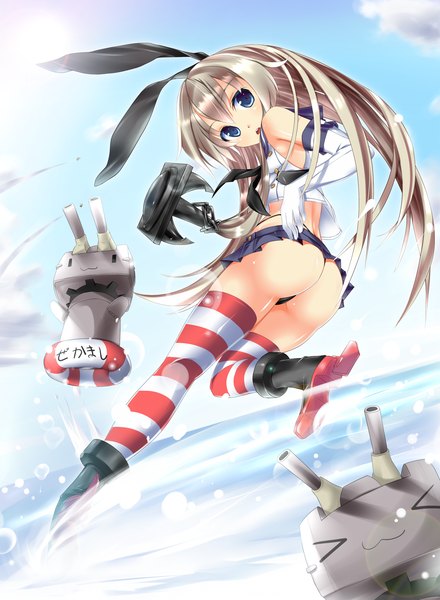 Anime picture 1100x1500 with kantai collection shimakaze destroyer shika single long hair tall image looking at viewer open mouth blue eyes light erotic ass grey hair girl thighhighs gloves underwear panties miniskirt elbow gloves striped thighhighs