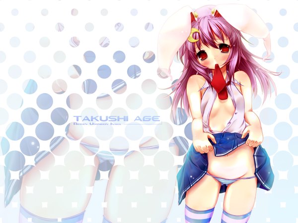 Anime picture 1600x1200 with touhou reisen udongein inaba scarlet (studioscr) highres light erotic red eyes animal ears purple hair bunny ears mouth hold bunny girl skirt lift zoom layer girl thighhighs underwear panties