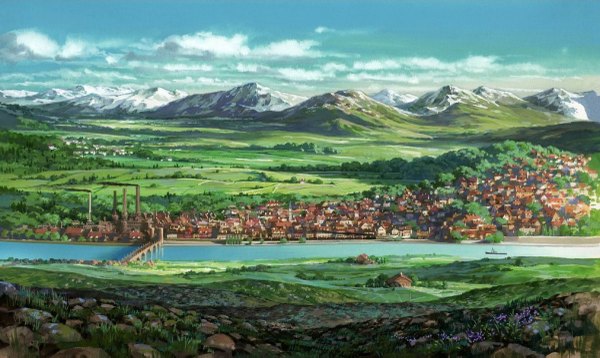 Anime picture 1200x717 with howl's moving castle studio ghibli wide image sky cloud (clouds) smoke snow mountain no people landscape summer river village flower (flowers) plant (plants) tree (trees) water grass forest bridge