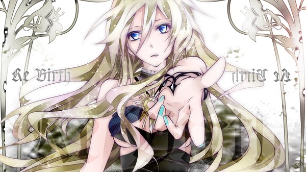Anime picture 1200x675 with vocaloid lily (vocaloid) tyouya single fringe breasts blue eyes blonde hair wide image bare shoulders nail polish fingernails close-up aqua nail polish girl flower (flowers) bracelet pendant lily (flower)