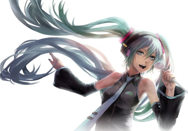 Anime picture 1500x1048 with vocaloid hatsune miku applekun single long hair looking at viewer open mouth simple background white background twintails nail polish aqua hair silver eyes singing girl detached sleeves necktie headphones microphone