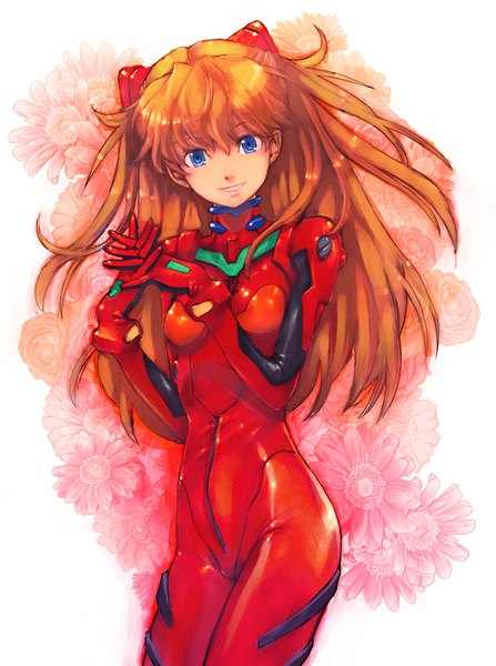 Anime picture 746x1000 with neon genesis evangelion gainax soryu asuka langley boyaking(sbf) single long hair tall image looking at viewer blue eyes simple background smile white background orange hair interlocked fingers floral background girl flower (flowers) pilot suit