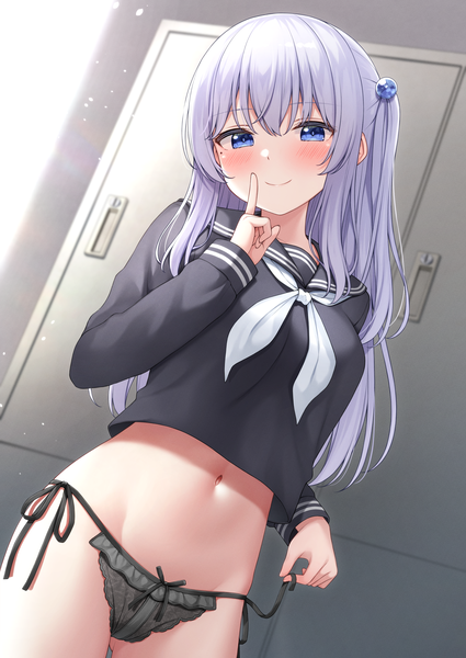 Anime picture 2508x3541 with original karutamo single long hair tall image looking at viewer blush fringe highres blue eyes light erotic smile hair between eyes standing payot silver hair indoors long sleeves head tilt mole