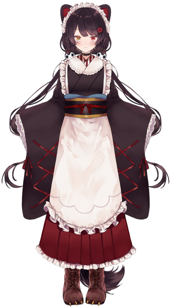 Anime picture 500x905 with virtual youtuber nijisanji inui toko y o u k a single long hair tall image looking at viewer blush black hair twintails animal ears full body tail traditional clothes japanese clothes animal tail official art heterochromia low twintails