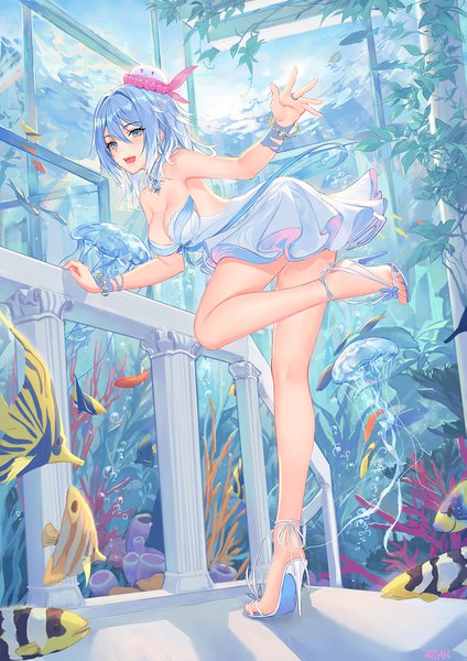 Anime picture 1085x1536 with vocaloid synthesizer v haiyi atdan single tall image looking at viewer blush fringe short hair breasts open mouth blue eyes light erotic smile hair between eyes large breasts standing bare shoulders holding