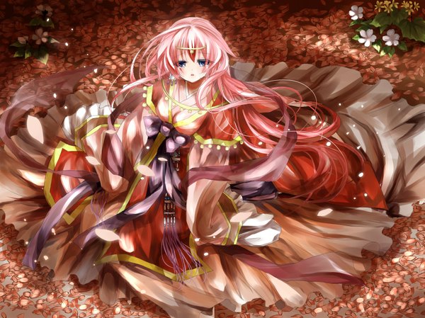 Anime picture 1787x1339 with vocaloid megurine luka meutan131 single long hair highres blue eyes pink hair girl dress plant (plants) petals scarf