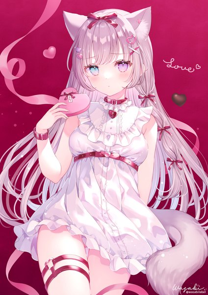 Anime picture 1500x2122 with original wasabi (sekai) single long hair tall image looking at viewer blush fringe breasts light erotic simple background bare shoulders holding signed animal ears pink hair tail blunt bangs animal tail pink eyes