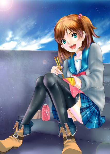 Anime picture 1068x1500 with original time-flies (artist) tall image short hair open mouth blue eyes brown hair girl thighhighs black thighhighs serafuku food stairs obento