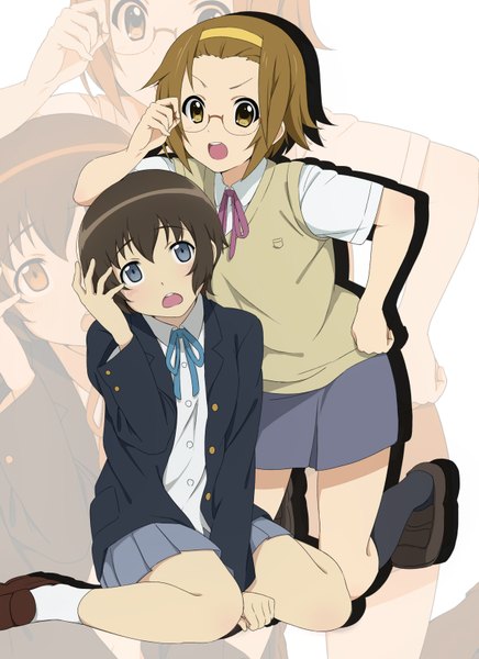 Anime picture 1200x1651 with k-on! ore no imouto ga konna ni kawaii wake ga nai kyoto animation tainaka ritsu tamura manami e-suke (artist) tall image blush short hair open mouth blue eyes black hair brown hair multiple girls yellow eyes zoom layer girl 2 girls socks glasses