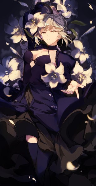 Anime picture 800x1546 with fate (series) fate/grand order fate/stay night artoria pendragon (all) saber alter fukuda935 single tall image looking at viewer fringe short hair blonde hair yellow eyes cleavage arm up outstretched hand girl thighhighs dress flower (flowers)