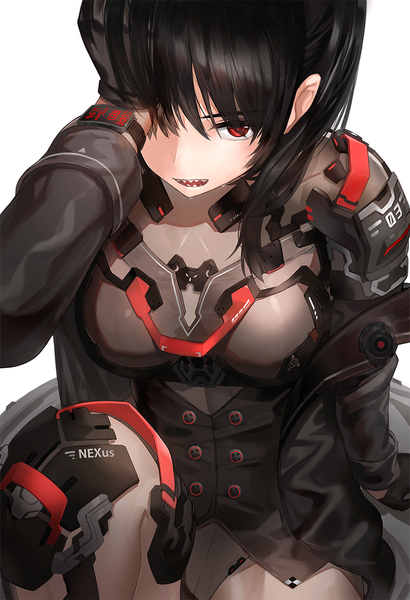 Anime picture 751x1100 with original kfr single long hair tall image looking at viewer blush fringe breasts open mouth light erotic black hair simple background red eyes white background sitting long sleeves hair over one eye arm support teeth