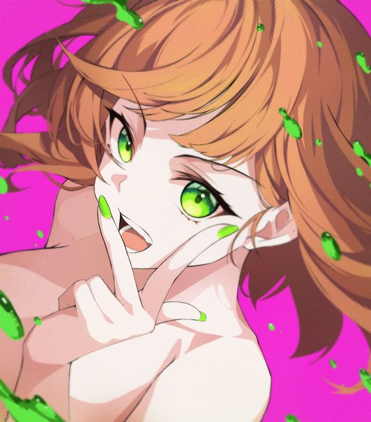 Anime picture 2315x2630 with original crystalherb single long hair tall image looking at viewer fringe highres breasts open mouth light erotic simple background large breasts green eyes blunt bangs nail polish fingernails teeth pink background green nail polish