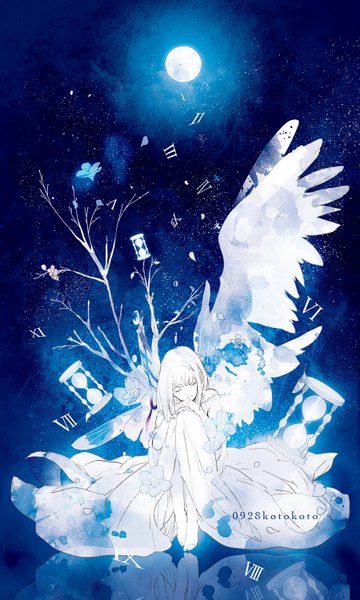 Anime picture 900x1500 with original koto2 single long hair tall image sitting signed bent knee (knees) white hair eyes closed head tilt barefoot night night sky reflection angel wings white wings hand on knee bare tree angel
