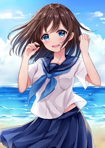 Anime picture 705x990 with original sakura hiyori single long hair tall image looking at viewer open mouth blue eyes smile brown hair sky cloud (clouds) upper body pleated skirt wind arms up girl skirt uniform serafuku
