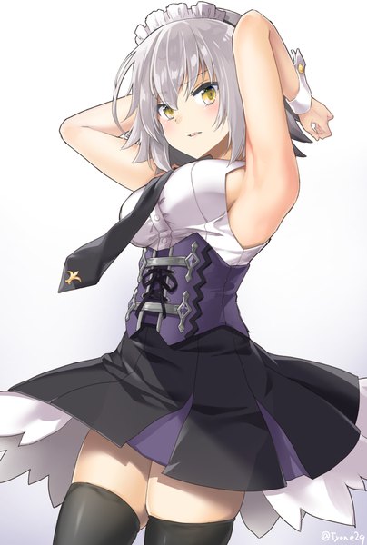 Anime picture 689x1023 with fate (series) fate/grand order fate/apocrypha jeanne d'arc (fate) (all) jeanne d'arc alter (fate) tyone single tall image looking at viewer blush fringe short hair breasts simple background hair between eyes standing white background bare shoulders signed yellow eyes