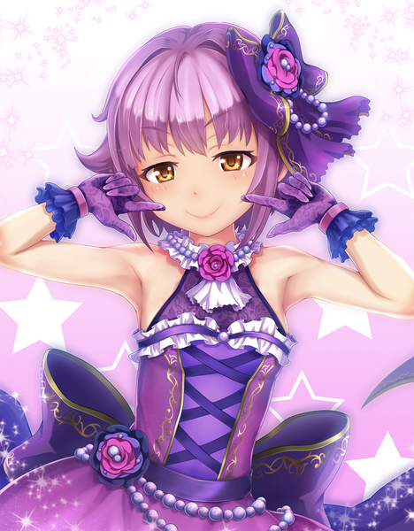 Anime picture 1132x1450 with idolmaster idolmaster cinderella girls idolmaster cinderella girls starlight stage koshimizu sachiko poroze single tall image looking at viewer short hair smile bare shoulders yellow eyes purple hair upper body armpit (armpits) fingersmile self-proclaimed perfection girl dress gloves