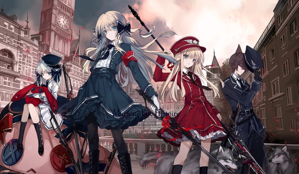 Anime picture 1448x845 with marionnette histoire original alice liddell (marionnette histoire) amiika kurenberu ariane rose wolf (marionnette histoire) cierra (ra-bit) long hair looking at viewer fringe short hair open mouth blonde hair brown hair wide image standing sitting twintails multiple girls holding