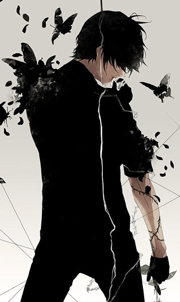 Anime picture 642x1079 with re (artist) single tall image short hair black hair standing profile arm up from behind grey background back boy gloves petals black gloves insect butterfly thorns