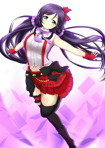 Anime picture 826x1169 with love live! school idol project sunrise (studio) love live! toujou nozomi jampen single long hair tall image blush blue eyes twintails purple hair low twintails girl thighhighs dress gloves bow black thighhighs hair bow
