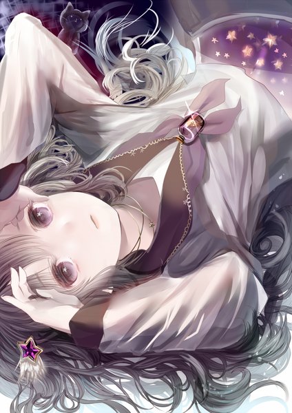 Anime picture 1240x1753 with original iijima masashi single long hair tall image looking at viewer fringe purple eyes lying fingernails grey hair on back adjusting hair symbol-shaped pupils upside down sailor collar shiny hands on head girl hair ornament