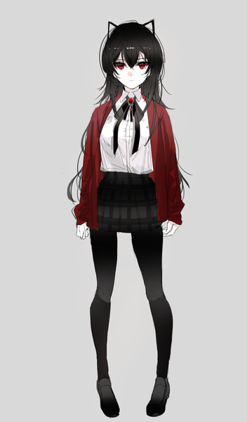 Anime picture 588x1000 with original naru (ul) single long hair tall image looking at viewer fringe black hair simple background hair between eyes red eyes standing animal ears payot full body grey background open clothes fake animal ears pale skin girl