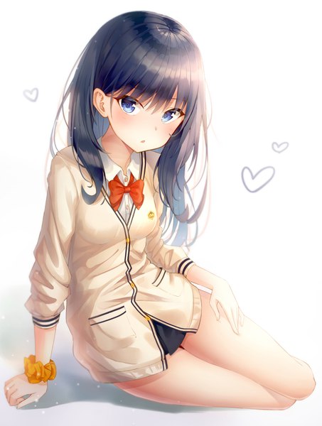 Anime picture 1200x1588 with gridman universe ssss.gridman studio trigger takarada rikka kyubi single long hair tall image looking at viewer blush fringe breasts open mouth blue eyes black hair simple background hair between eyes white background sitting bare legs