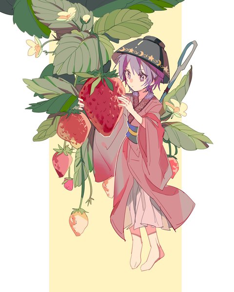 Anime picture 1638x2048 with touhou sukuna shinmyoumaru aibivy single tall image short hair purple eyes looking away purple hair full body traditional clothes japanese clothes barefoot minigirl girl food kimono berry (berries) strawberry needle