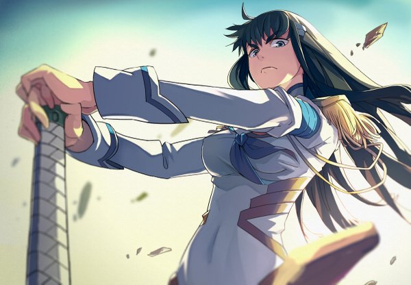 Anime picture 1200x833 with kill la kill studio trigger kiryuuin satsuki koutarosu single long hair looking at viewer blue eyes black hair ahoge wind girl uniform weapon sword katana stone (stones)