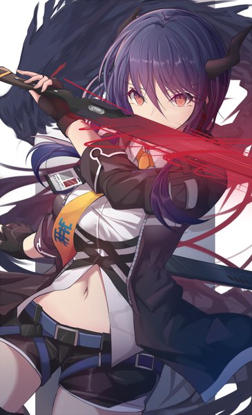 Anime picture 960x1577 with arknights ch'en (arknights) stratoz single long hair tall image fringe hair between eyes red eyes blue hair looking away horn (horns) bare belly fantasy girl navel weapon sword necktie shorts