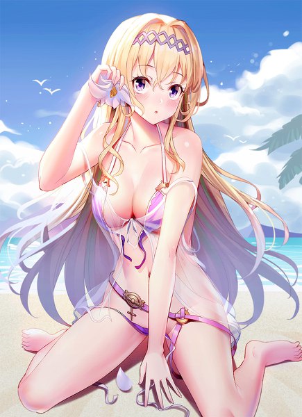 Anime picture 870x1200 with granblue fantasy jeanne d'arc (granblue fantasy) ririko (zhuoyandesailaer) single long hair tall image looking at viewer blush fringe breasts light erotic blonde hair hair between eyes large breasts sitting purple eyes sky cloud (clouds) barefoot beach