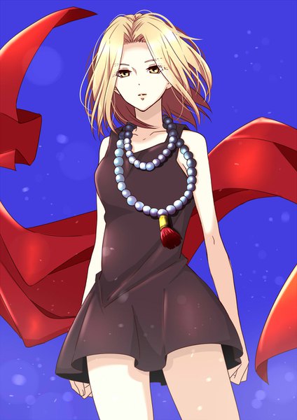 Anime picture 1000x1414 with shaman king xebec kyouyama anna tsunami (1y3m0) single tall image short hair simple background blonde hair standing yellow eyes from below blue background girl dress black dress beads prayer beads
