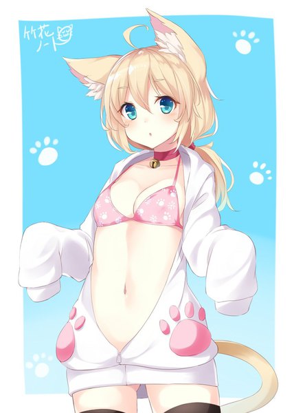 Anime picture 714x1000 with original takehana note single long hair tall image blush fringe open mouth light erotic simple background blonde hair hair between eyes standing signed animal ears looking away ahoge tail long sleeves animal tail