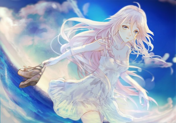 Anime picture 1422x1000 with vocaloid ia (vocaloid) soriku (artist) single long hair looking at viewer fringe blue eyes holding pink hair sky cleavage braid (braids) girl dress water sea sundress sandals platform footwear