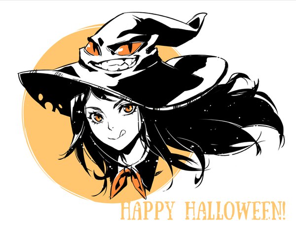 Anime-Bild 1500x1188 mit tiny bunny polina (tiny bunny) saikono single long hair looking at viewer black hair simple background smile orange eyes grin halloween :q polychromatic happy halloween high contrast girl tongue