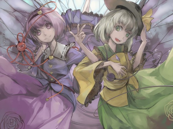 Anime picture 2000x1500 with touhou komeiji koishi komeiji satori maz (fanxuying) looking at viewer highres short hair open mouth blonde hair smile multiple girls pink hair pink eyes siblings sisters girl dress 2 girls hat eyeball