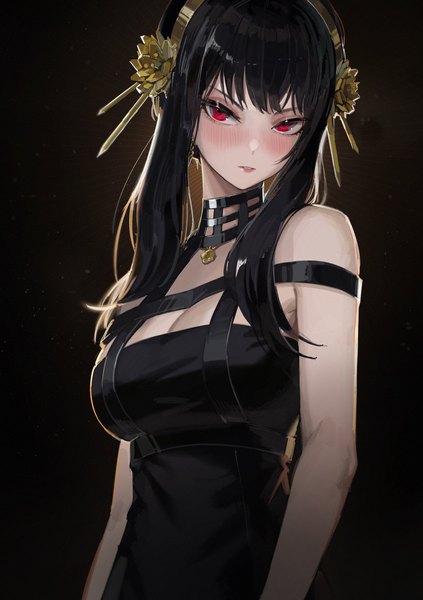 Anime picture 1444x2048 with spy x family yor briar maenoo single long hair tall image looking at viewer blush fringe black hair simple background red eyes standing bare shoulders payot cleavage upper body parted lips head tilt lips