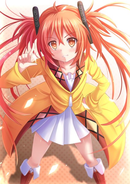 Anime picture 1131x1600 with black bullet nichijou kyoto animation kinema citrus sakamoto (nichijou) aihara enju kazenokaze single long hair tall image looking at viewer blush smile orange hair orange eyes hand on hip girl dress hair ornament boots