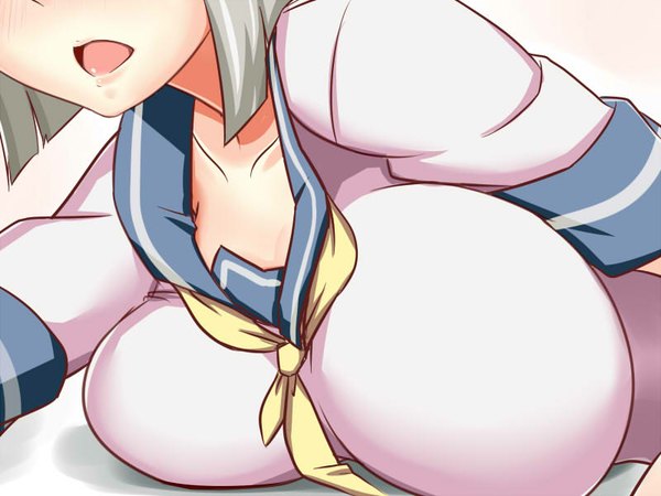 Anime picture 800x600 with kantai collection hamakaze destroyer saboten teishoku single blush short hair breasts open mouth light erotic simple background grey hair huge breasts close-up breast press girl