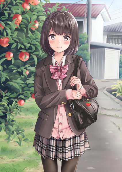 Anime picture 1024x1449 with original yukimaru217 single tall image looking at viewer blush fringe short hair black hair smile standing outdoors long sleeves pleated skirt grey eyes plaid skirt girl skirt plant (plants) tree (trees)