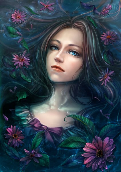 Anime picture 595x842 with original lan wu single long hair tall image looking at viewer blue eyes brown hair lying realistic wet close-up wet clothes girl flower (flowers) bow water