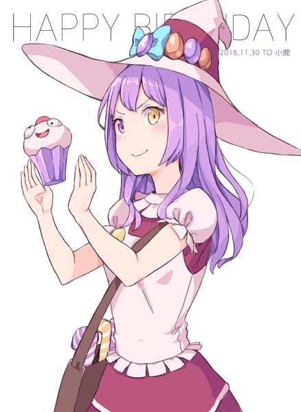 Anime picture 1936x2650 with league of legends lulu (league of legends) bittersweet lulu cloba single long hair tall image looking at viewer fringe highres smile yellow eyes purple hair pink eyes short sleeves puffy sleeves heterochromia dated happy birthday girl