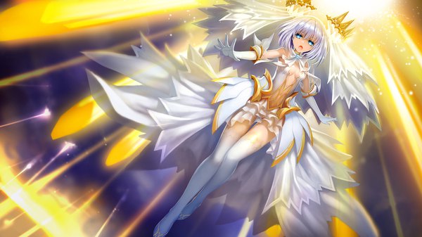 Anime picture 1920x1080 with date a live tobiichi origami zhuore zhi hen single looking at viewer fringe highres short hair breasts open mouth light erotic hair between eyes wide image bare shoulders sky purple hair bent knee (knees) aqua eyes from below armpit (armpits)