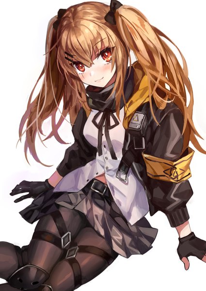 Anime picture 2508x3541 with girls frontline ump9 (girls frontline) comeo single long hair tall image looking at viewer blush fringe highres simple background smile hair between eyes red eyes brown hair white background twintails payot arm support open jacket