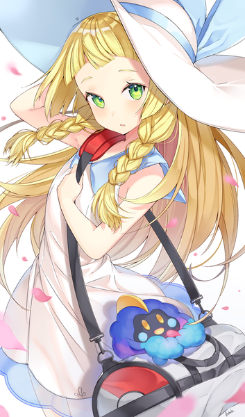 Anime picture 706x1200 with pokemon pokemon sm nintendo lillie (pokemon) cosmog ringozaka mariko single long hair tall image looking at viewer blush fringe open mouth simple background blonde hair standing white background twintails green eyes signed