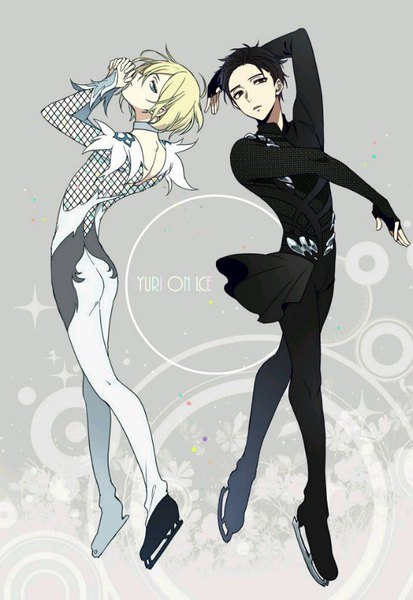 Anime picture 589x854 with yuri!!! on ice mappa katsuki yuuri yuri plisetsky shivue tall image looking at viewer short hair blue eyes black hair blonde hair brown eyes full body ass parted lips profile arm up grey background multiple boys copyright name